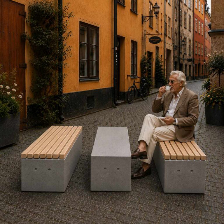 betongmöbler som trafikhinder vid gågata